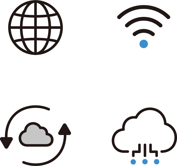 インターネット・Wi-Fi・クラウド同期・クラウド技術を示すアイコンのセットイラスト