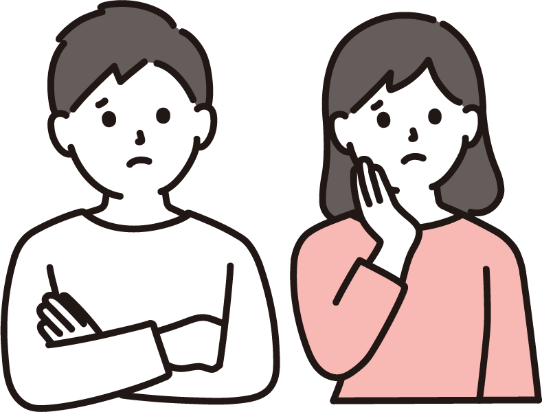 悩んでいる男女のイラスト(不安・迷い・問題を抱えるイメージ)